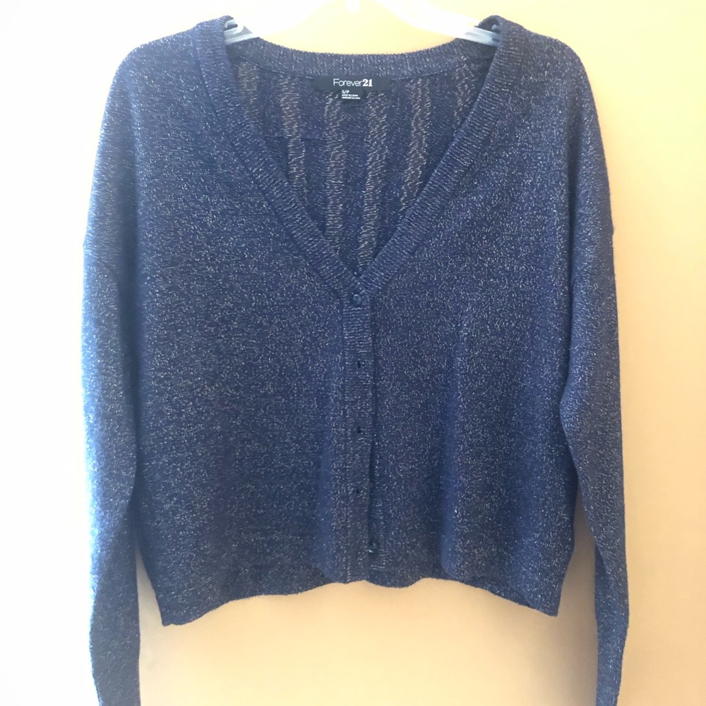 Navy blue and gold button up sweater